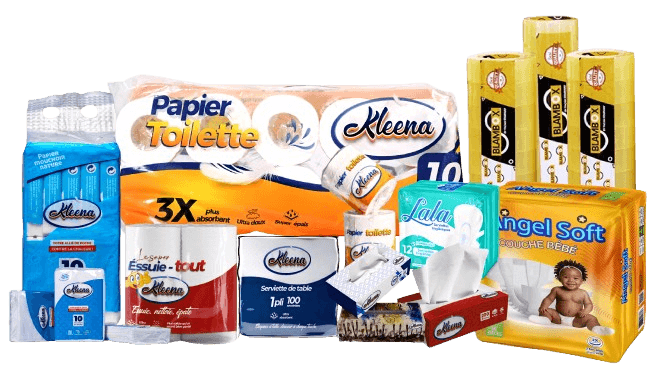 Gamme de produits FACAM : papiers Kleena, serviettes Lala, couches Angel Soft, rubans adhésifs BLAMBOX